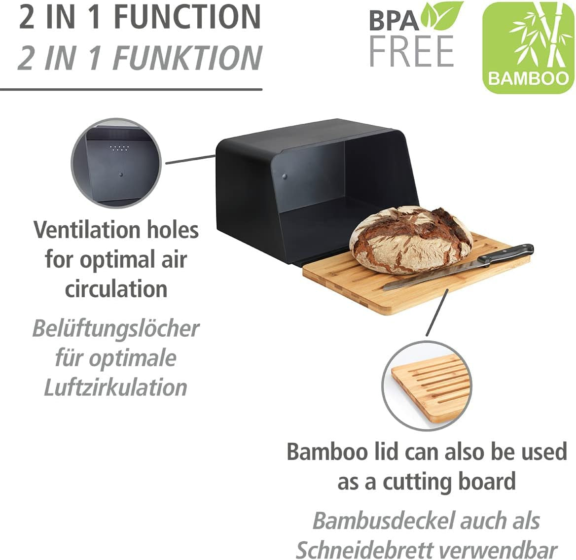 WENKO Kubo Cestino per il Pane con Tagliere in Bambù, Contenitore Versatile per il Pane con Coperchio e Tagliere in bambù Integrato, Contenitore per Alimenti, Resistente per il Pane, 35 x 20,5 x 26 cm, Nero/Naturale Naty Shop