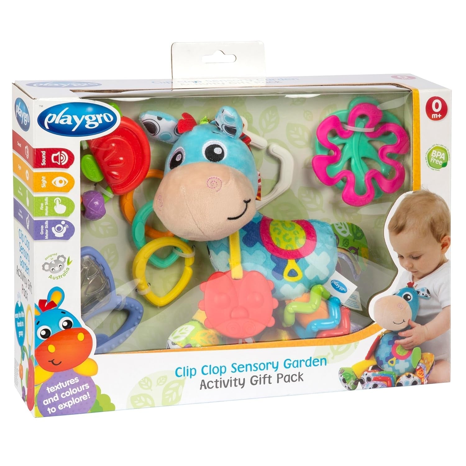 Playgro Clip Clop Confezione Regalo Attività Sensoriali da Giardino - Giocattolo da Giardino Sensoriale per Bambini da 0 Mesi - Giocattolo Interattivo con Sonagli, Massaggiagengive e Amico del Passeggino - 4 Pezzi