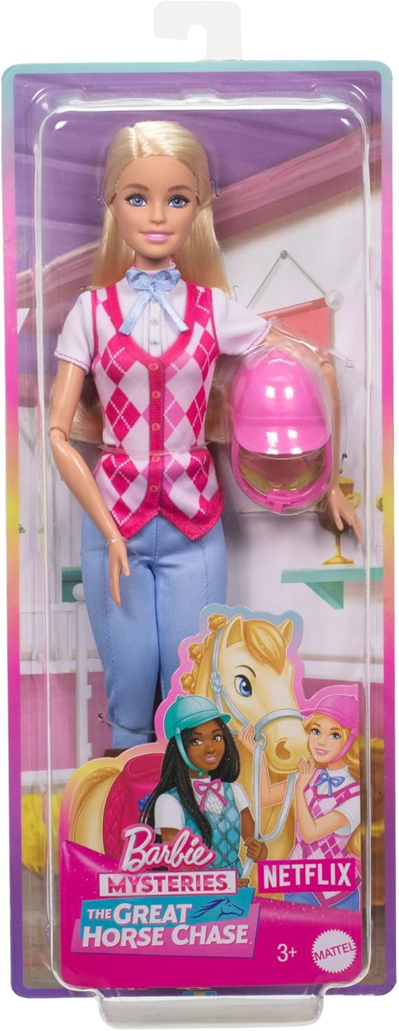 Barbie Malibu e accessori da Barbie Mysteries: The Secret Horse Adventure, inclusa bambola alla moda, completo da equitazione staccabile e casco, HXJ38