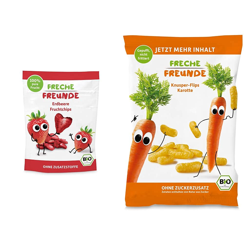 Patatine di frutta biologica "100% Fragola" Patatine di frutta alla fragola liofilizzata (12 x 12 g) e nuove frittelle croccanti di mais e carote biologiche, snack biologico, da 1 anno, (9 x 30 g) 270 g