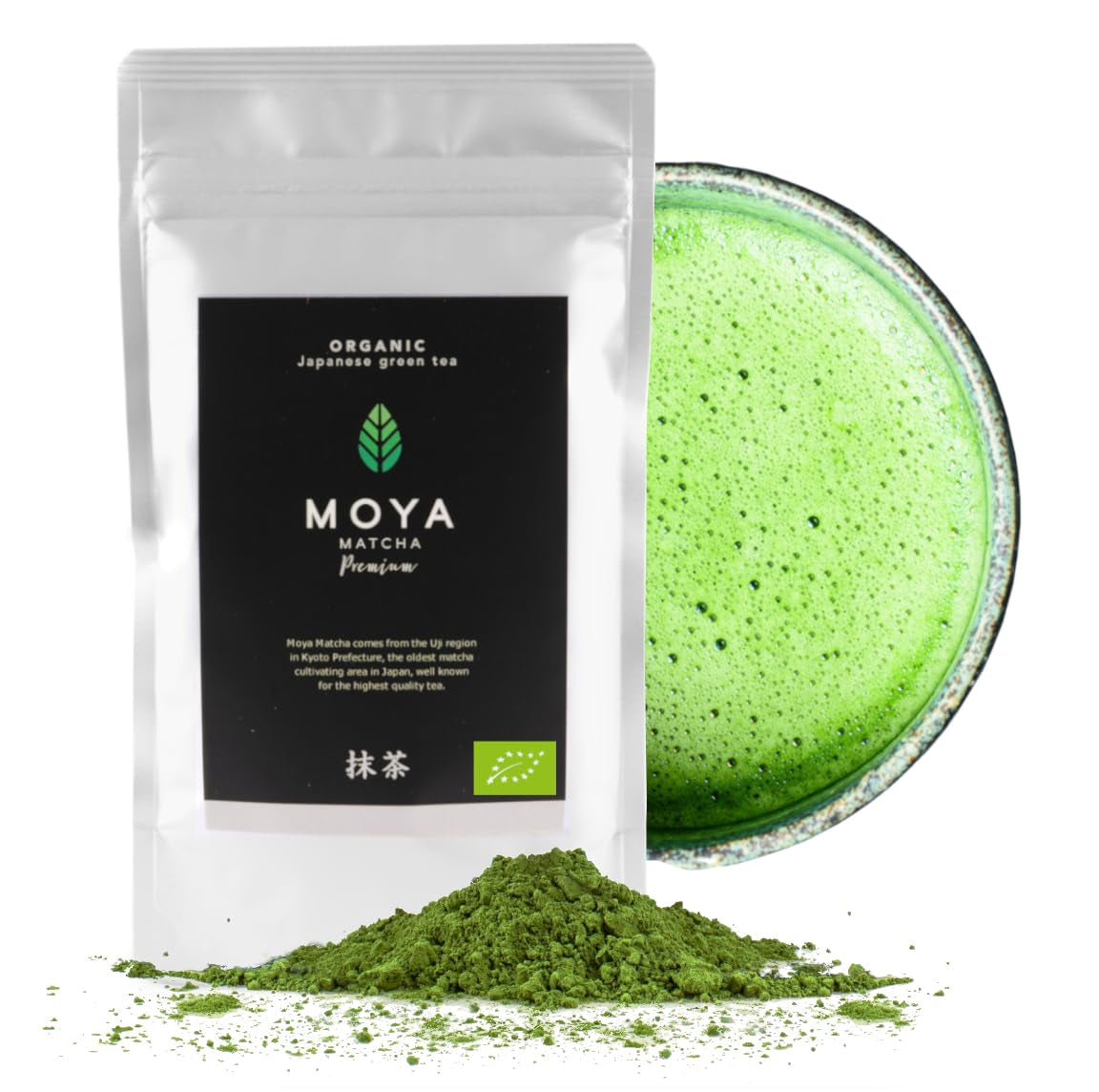 Polvere di tè verde biologico Moya Matcha | 100 g qualità premium per cerimonia | Coltivato e raccolto biologicamente a Uji, in Giappone | Tè verde matcha in polvere | Ideale per la cerimonia giapponese del tè all'acqua