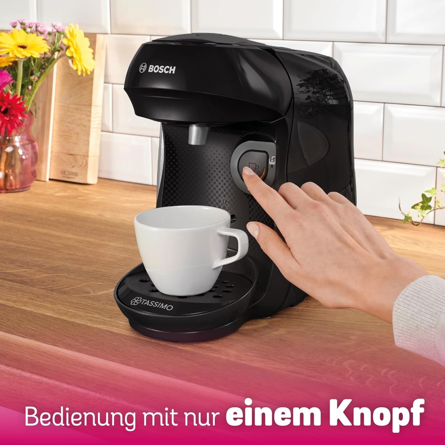 Bosch Tassimo Happy Friendly TAS102E Macchina per caffè a capsule, 70+ bevande, Adatta a tutte le tazze, Auto-Stop, Sostenibile, Dosaggio perfetto, Salvaspazio, 1400 W, Nero