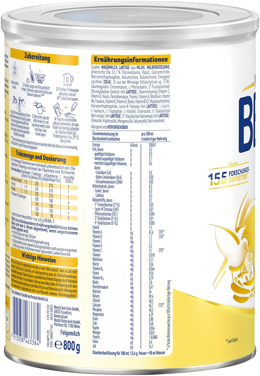 BEBA 2 - Latte di proseguimento dopo 6 mesi, con complesso 5 HMO, contenuto proteico adatto all'età, senza lattosio, senza olio di palma, senza olio di pesce, alimenti per l'infanzia, latte in polvere per bambini, confezione da 3 (3 x 800 g)
