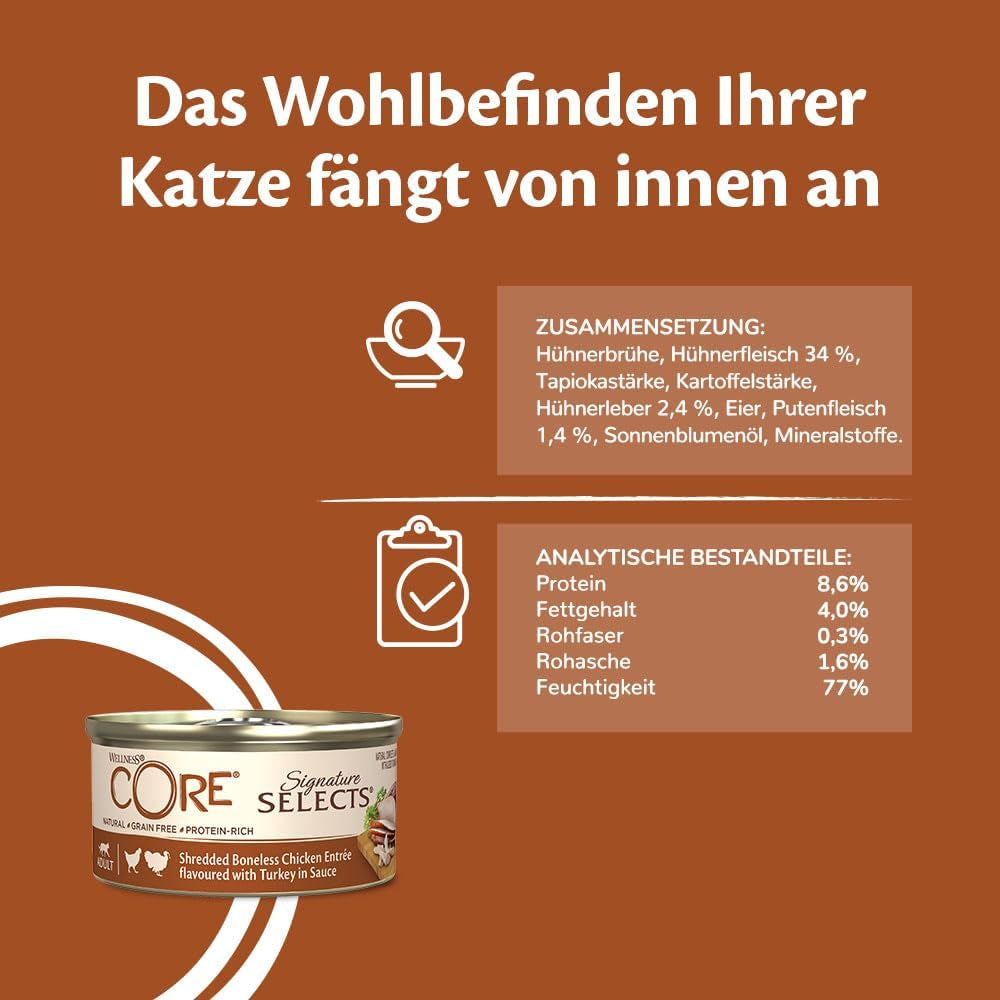 Wellness CORE Signature Selects 8 x 79g, Pollo e Tacchino Mix - Cibo umido per gatti, deliziose strisce in salsa, senza cereali, naturale, ipoallergenico, ricco di proteine, ricco di carne