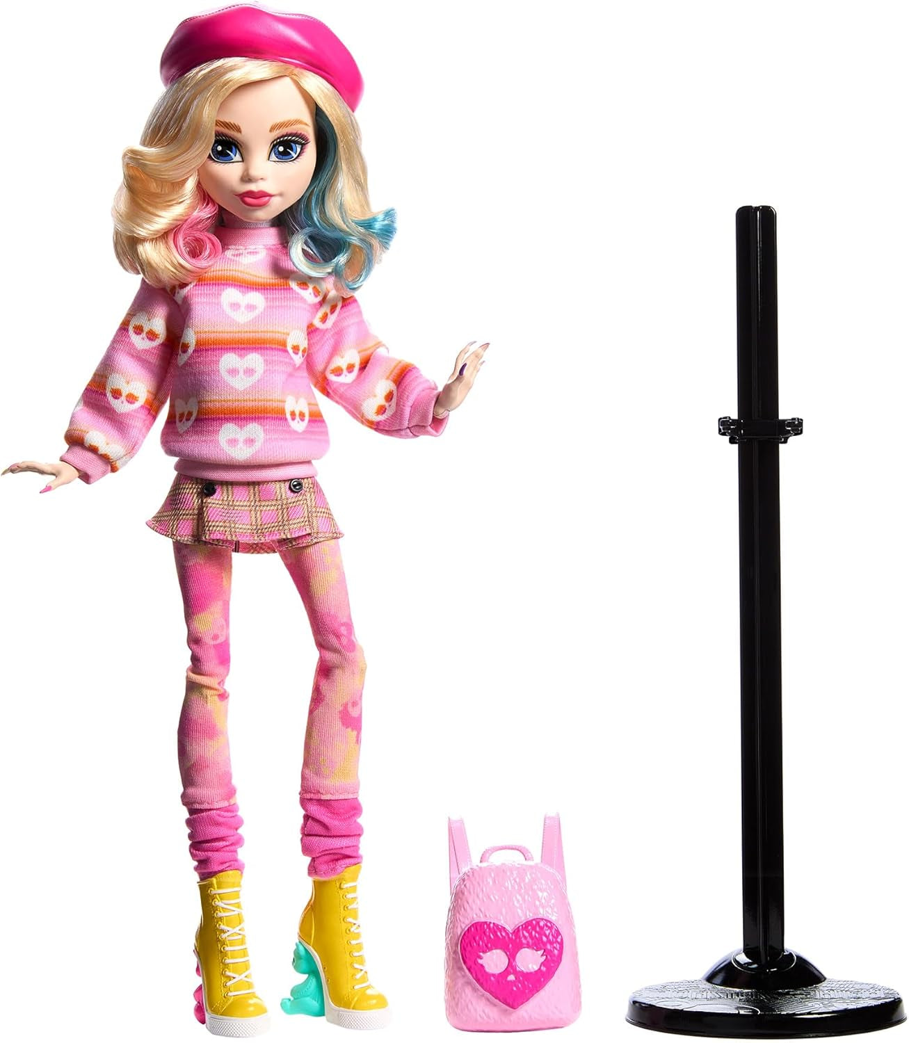 Monster High Wednesday Bambola e accessori, Figura da collezione Enid Sinclair in rosa con berretto e zaino, supporto per bambola, HXJ05 Naty Shop Dolls