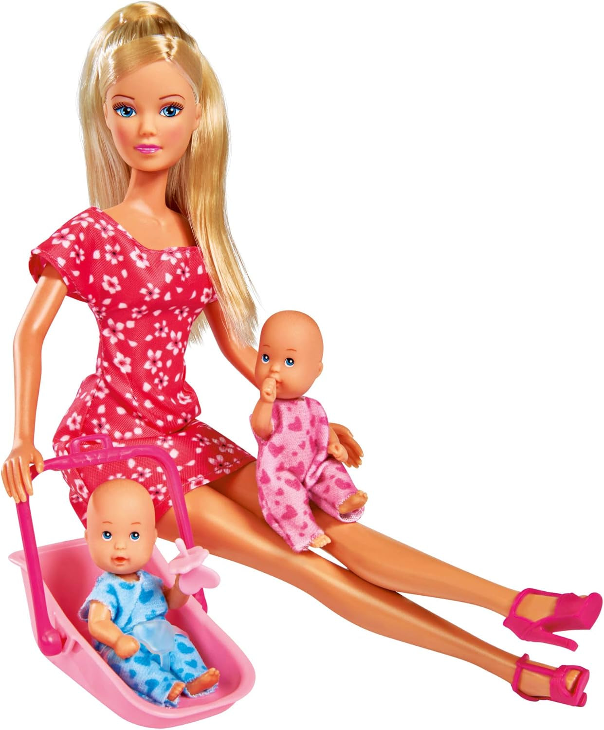 Simba 105730211 - Steffi Love Nanny, con due bambini, marsupio e seggiolino auto, accessori, bambola da vestire, 29 cm, per bambini dai 3 anni in su