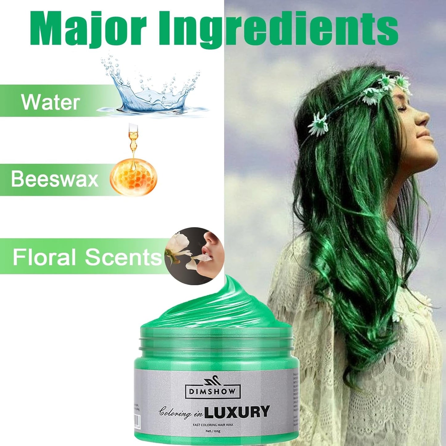 Cera temporanea per capelli verde, spray temporaneo per capelli Crazy Green, fango semipermanente lavabile, tinta per capelli monouso, pasta per capelli per styling istantaneo, tinta naturale per feste, attività e tinture per capelli Naty Shop per Halloween