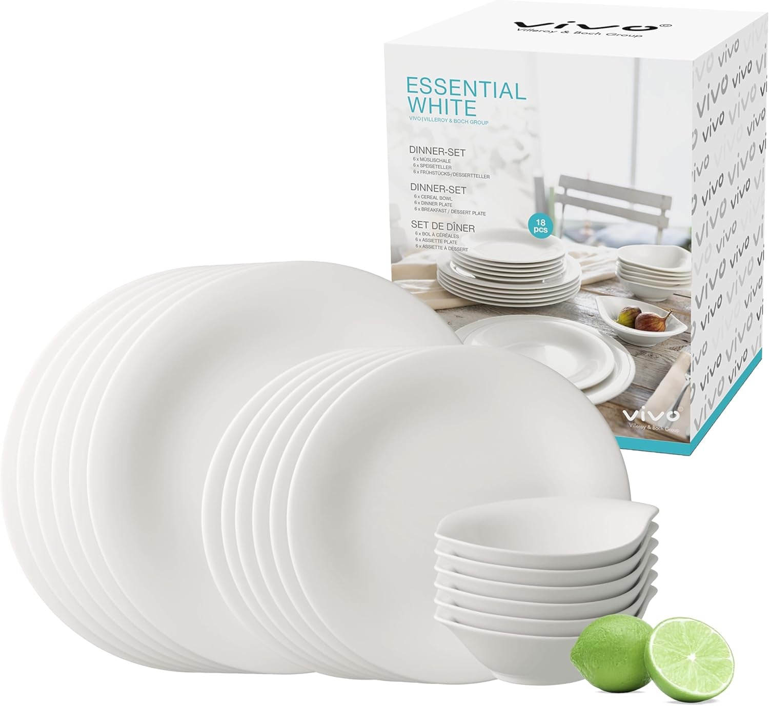 vivo - Villeroy & Boch Group – Servizio Piatti Essential Bianco 18 tlg. Weiß, Spülmaschinenfest, Mikrowellensicher, Geschirr Set für 6 Personen, Müslischalen, Speiseteller, Dessertteller, Premium Porzellan