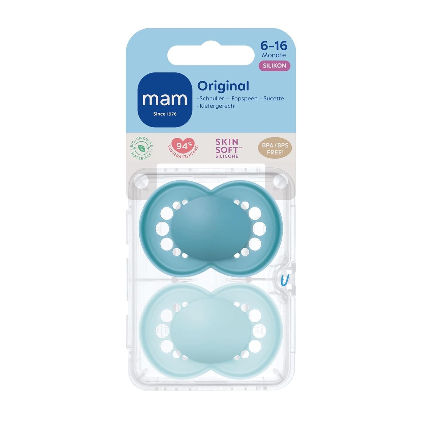 Ciucci originali MAM, confezione da 2, ciucci per bambini amici dei denti, realizzati con materiali sostenibili e biorigenerabili, tettarelle in silicone MAM SkinSoft, con scatola per ciuccio, 6-16 mesi, blu/azzurro