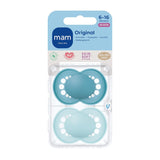 Ciucci originali MAM, confezione da 2, ciucci per bambini amici dei denti, realizzati con materiali sostenibili e biorigenerabili, tettarelle in silicone MAM SkinSoft, con scatola per ciuccio, 6-16 mesi, blu/azzurro