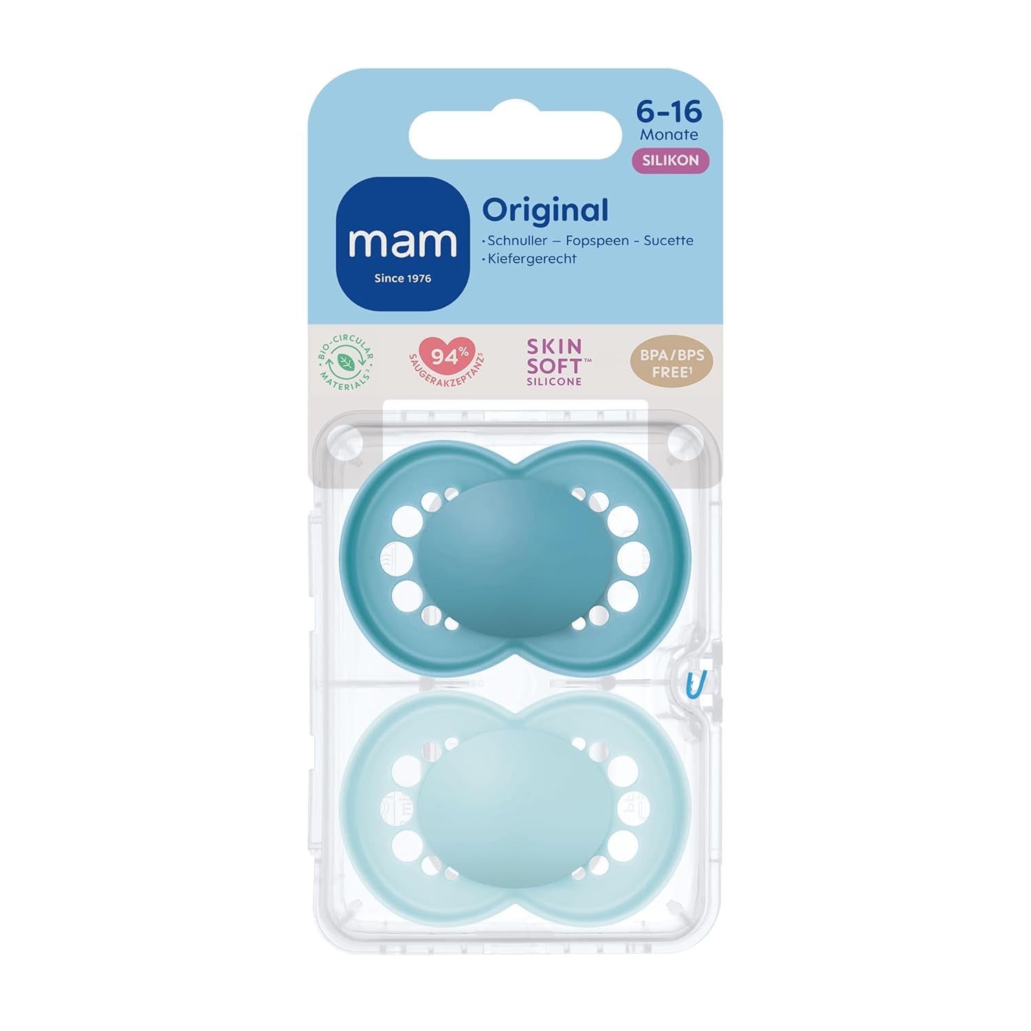 Ciucci originali MAM, confezione da 2, ciucci per bambini amici dei denti, realizzati con materiali sostenibili e biorigenerabili, tettarelle in silicone MAM SkinSoft, con scatola per ciuccio, 6-16 mesi, blu/azzurro