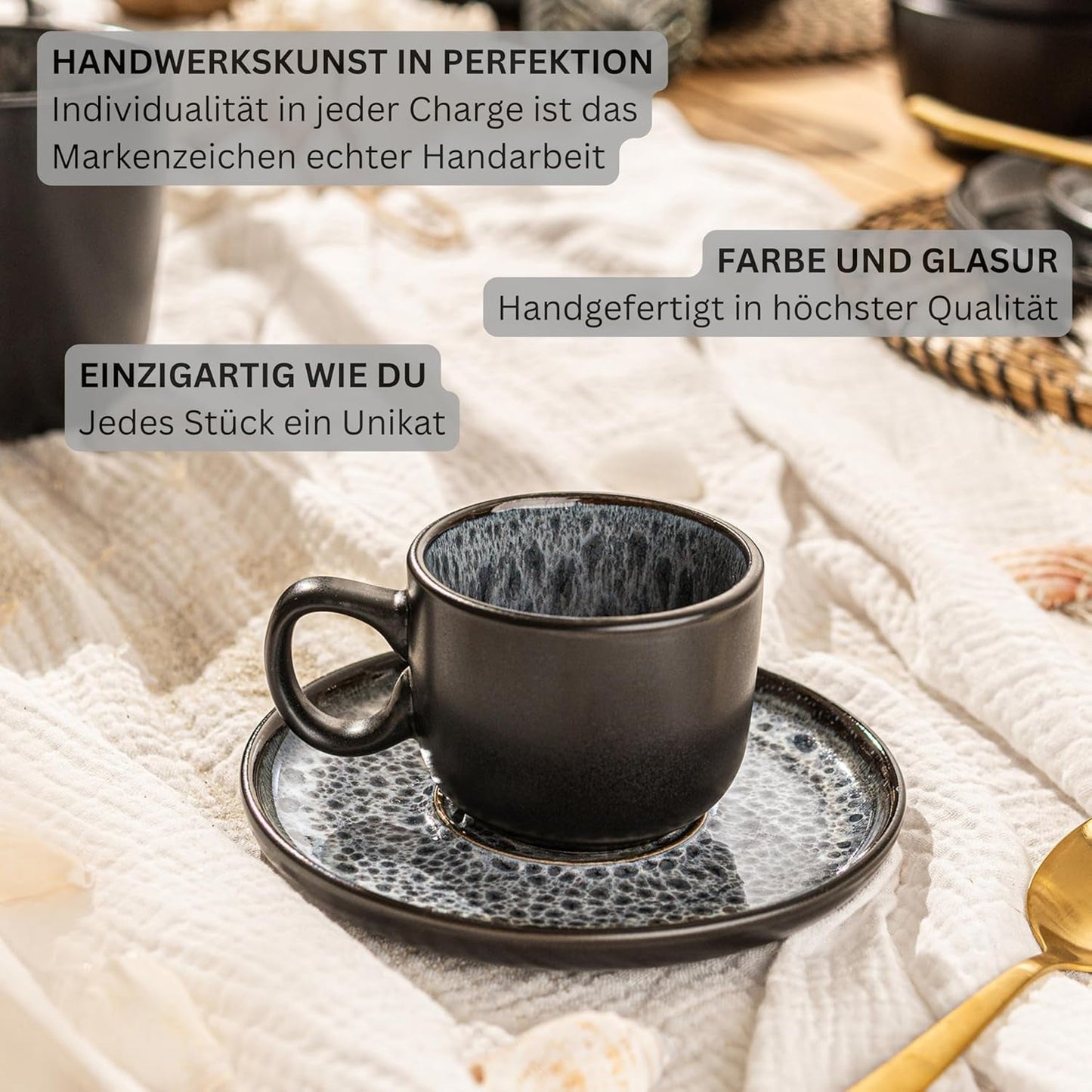 SANGER Sydney | Set di tazzine da caffè in ceramica da 12, set di tazze da moka per 6, tazze e piattini, lavabili in lavastoviglie e adatti al microonde, grigio scuro, 80 ml | LA COLLEZIONE DI VALORE