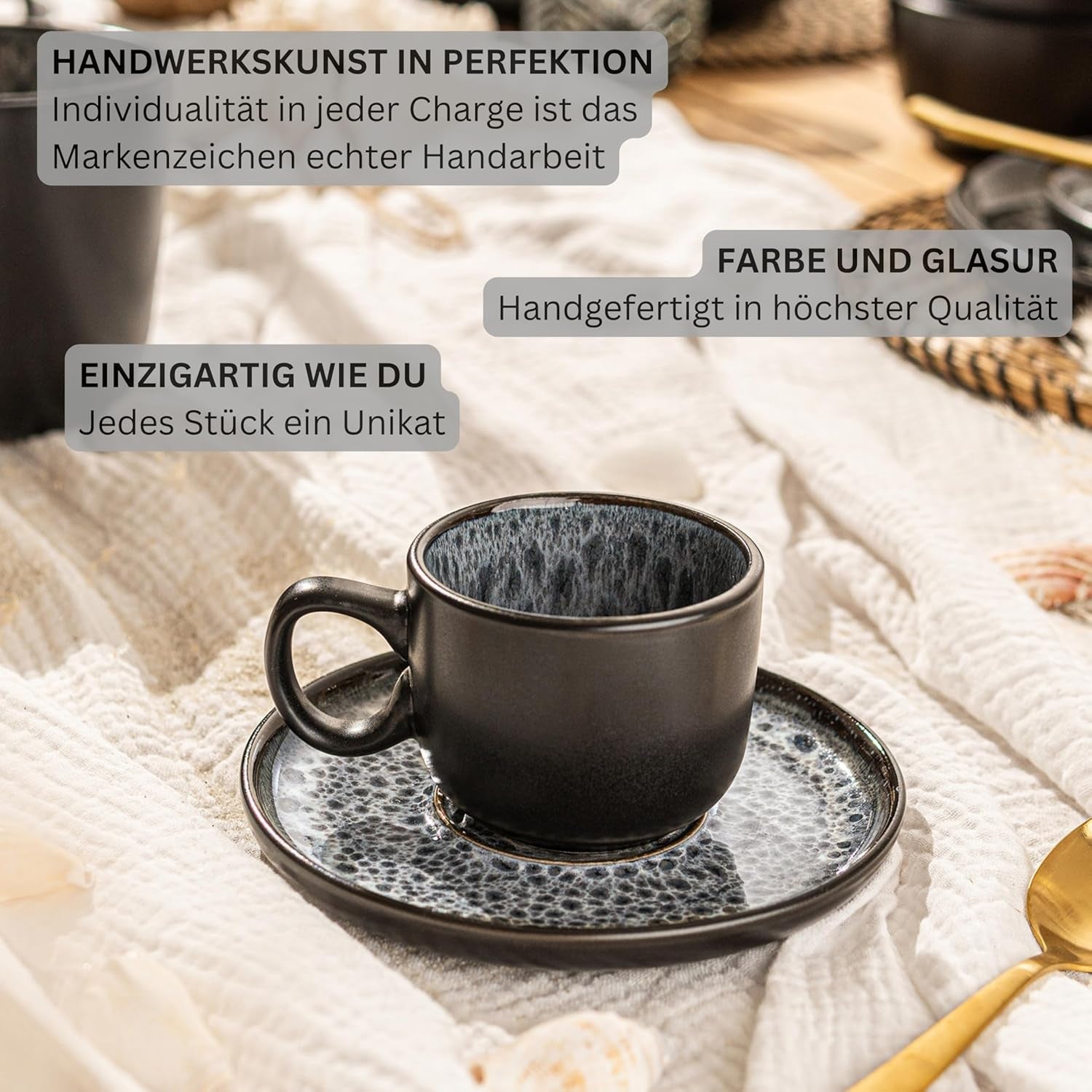 SANGER Sydney | Set di tazzine da caffè in ceramica da 12, set di tazze da moka per 6, tazze e piattini, lavabili in lavastoviglie e adatti al microonde, grigio scuro, 80 ml | LA COLLEZIONE DI VALORE