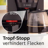 Bosch MyMoment TKA2M113 Macchina per caffè espresso con filtro, caraffa in vetro da 1,25 l, 10-15 tazze, funzione di mantenimento in caldo 40 minuti, sistema antigoccia, portafiltro girevole, serbatoio dell'acqua removibile, 1200 Watt, nero opaco