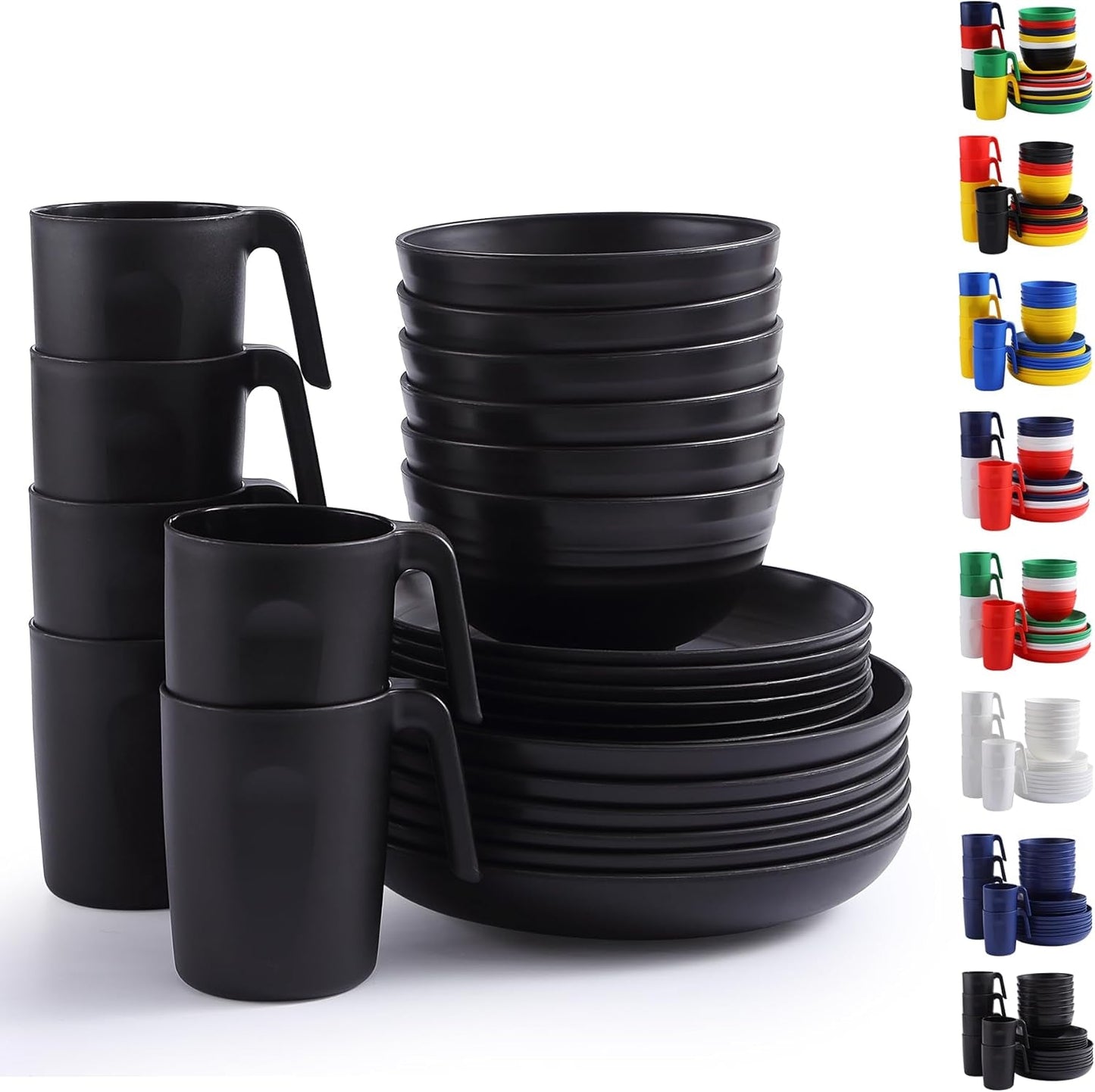 Berglander Set di stoviglie in plastica nera da 24 pezzi per 6 piatti e ciotole riutilizzabili, inclusi piatti piani, piatti da dessert, ciotole per cereali e tazze per casa, giardino e picnic