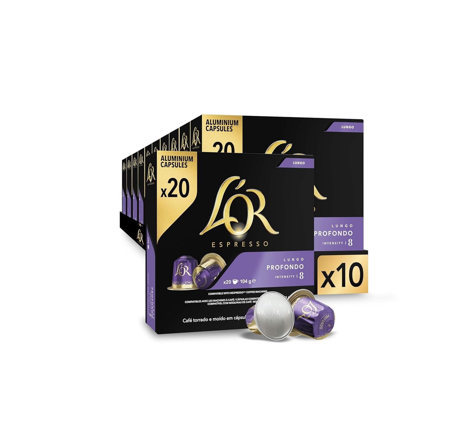 L'OR Espresso Koffiecups Lungo Profondo (200 capsule Lungo Koffie, Gesicht voor Nespresso* Koffiemachines, Intensity 08/12, 100% Arabica Koffie, UTZ Gecertificeerd), 10 x 20 tazze