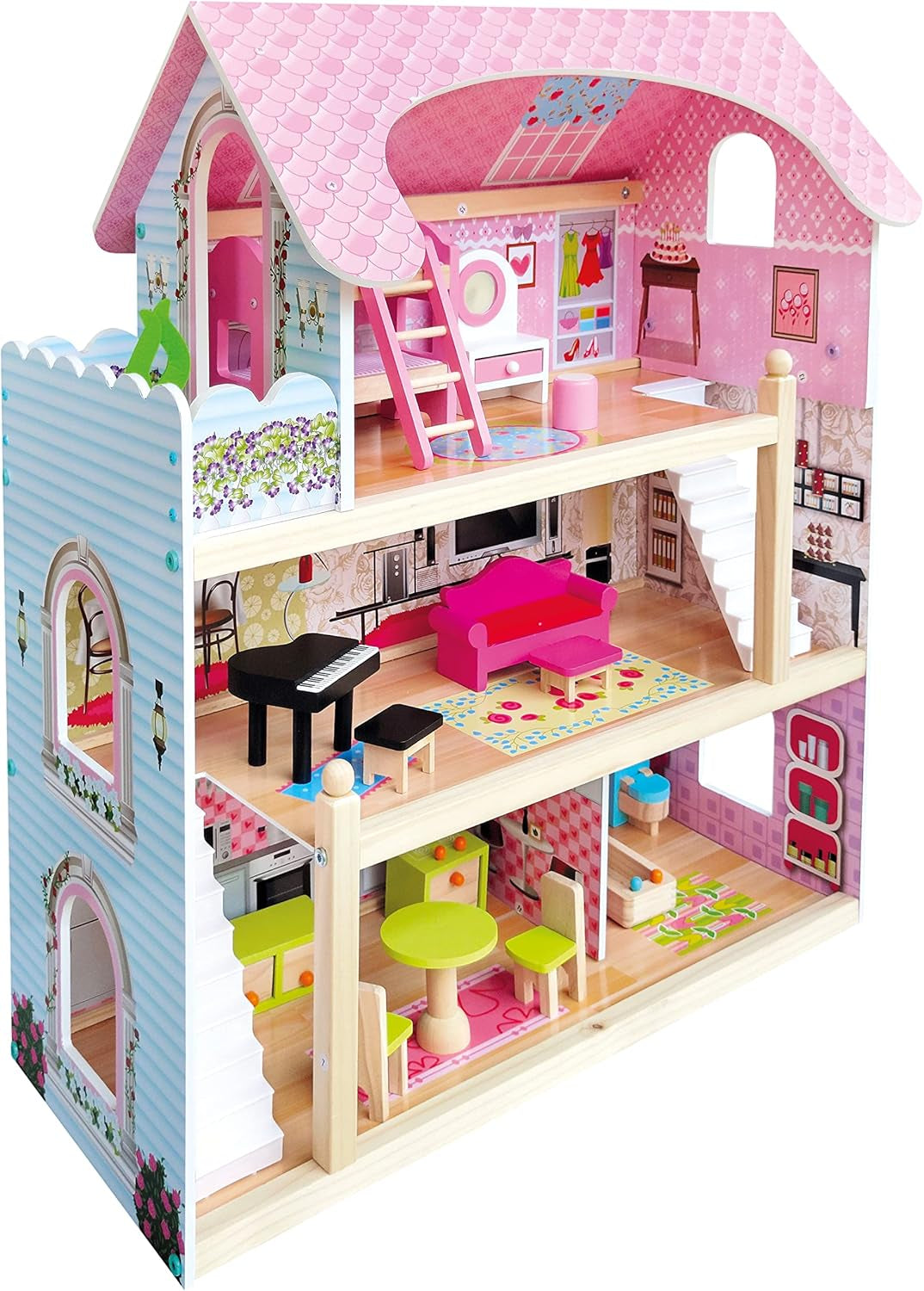 Bino World of Toys Casa delle bambole con balcone, giocattolo per bambini a partire da 3 anni, con 3 piani, scale, 4 stanze e balcone incl. 15-TLG. Accessori, Per promuovere le abilità dei bambini, Case delle bambole Naty Shop dal design rosa