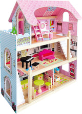 Bino World of Toys Casa delle bambole con balcone, giocattolo per bambini a partire da 3 anni, con 3 piani, scale, 4 stanze e balcone incl. 15-TLG. Accessori, Per promuovere le abilità dei bambini, Case delle bambole Naty Shop dal design rosa
