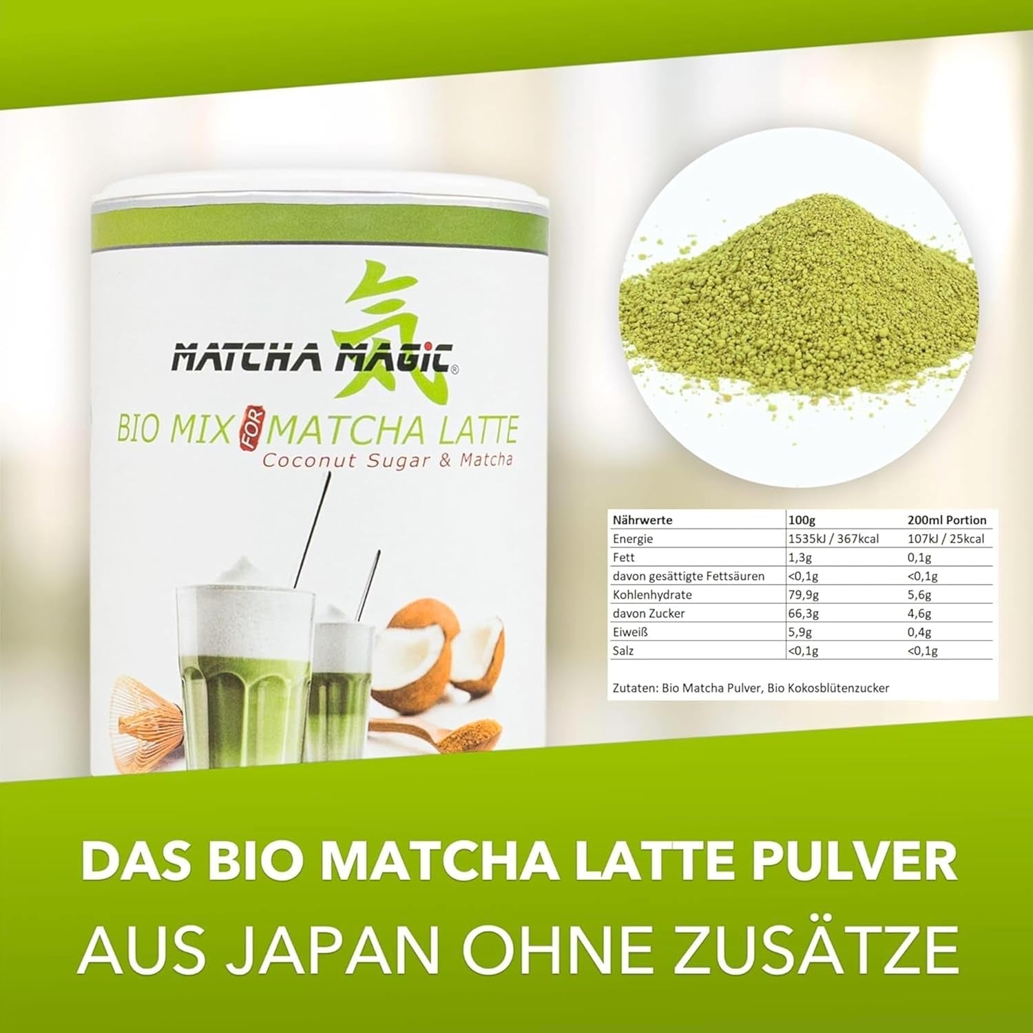Matchamagic - Matcha latte in polvere biologico dal Giappone con zucchero di fiori di cocco per un tè delizioso