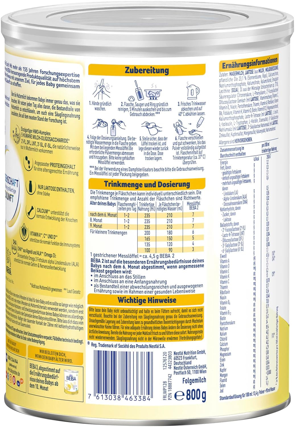 BEBA 2 - Latte di proseguimento dopo 6 mesi, con complesso 5 HMO, contenuto proteico adatto all'età, senza lattosio, senza olio di palma, senza olio di pesce, alimenti per l'infanzia, latte in polvere per bambini, confezione da 3 (3 x 800 g)