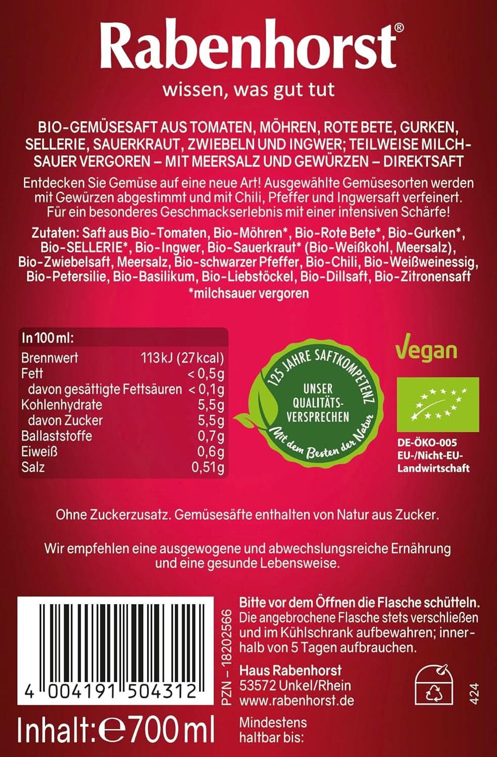 RABENHORST (6 x 700 ml) - Succo di verdure di alta qualità da diverse verdure dal sapore speziato intenso Bevande analcoliche Naty Shop