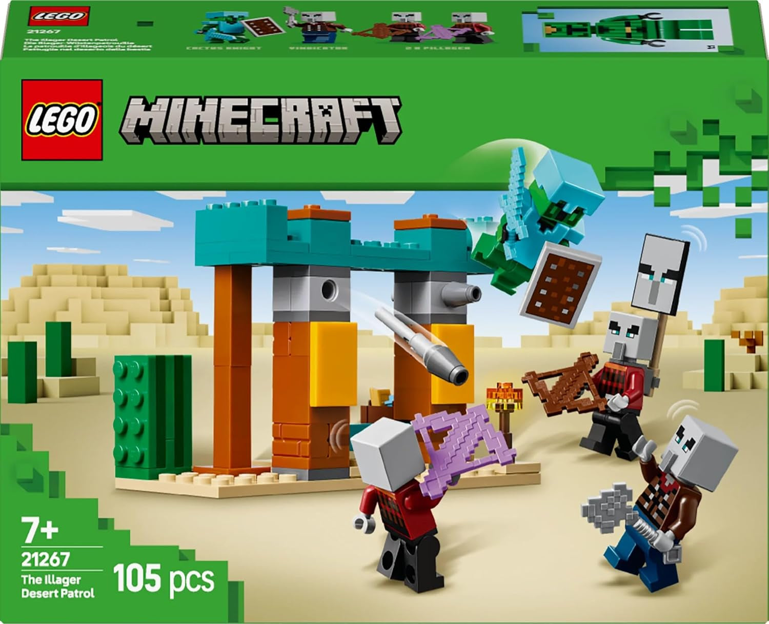 LEGO Minecraft Set videogioco The Illager Desert Patrol per bambini, mini giocattolo dell'avamposto e tre minifigure tra cui il saccheggiatore, il servo e il cavaliere dei cactus 21267 Set di costruzione Besuche den LEGO-Store