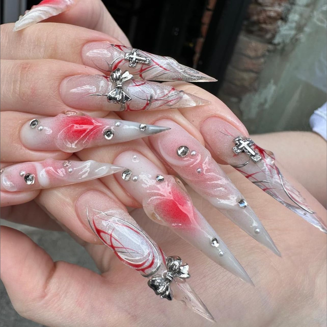 Moonglow Unghie Lunghe Stiletto Bianco Latte Rosa Sfumato Glitter Unghie Finte Fresche Con Colla Unghie Artificiali Glitter Rosa Ombre