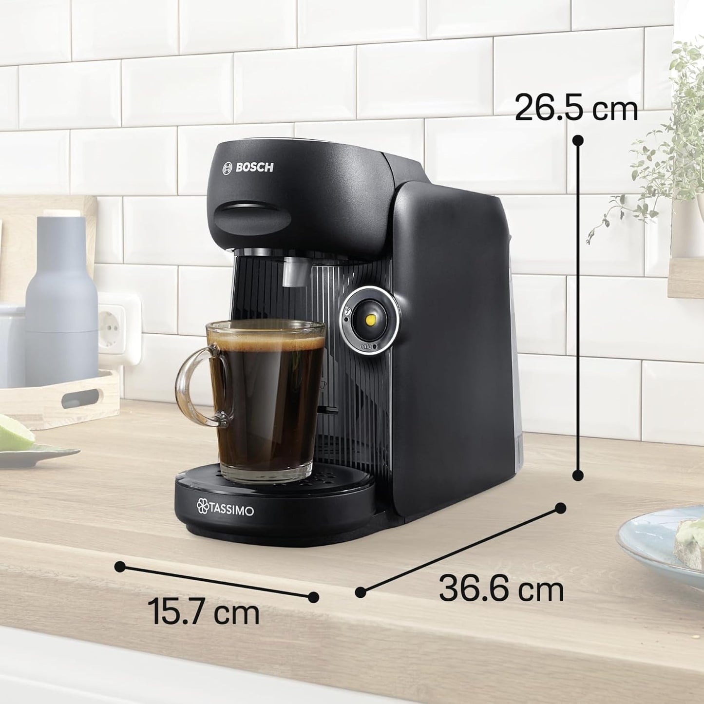 Macchina per caffè espresso a capsule Bosch Tassimo finesse TAS162E, 70 bevande, caffè più intenso premendo un pulsante, spegnimento automatico, sostenibile, dosaggio perfetto, 1400 W, nero/nero