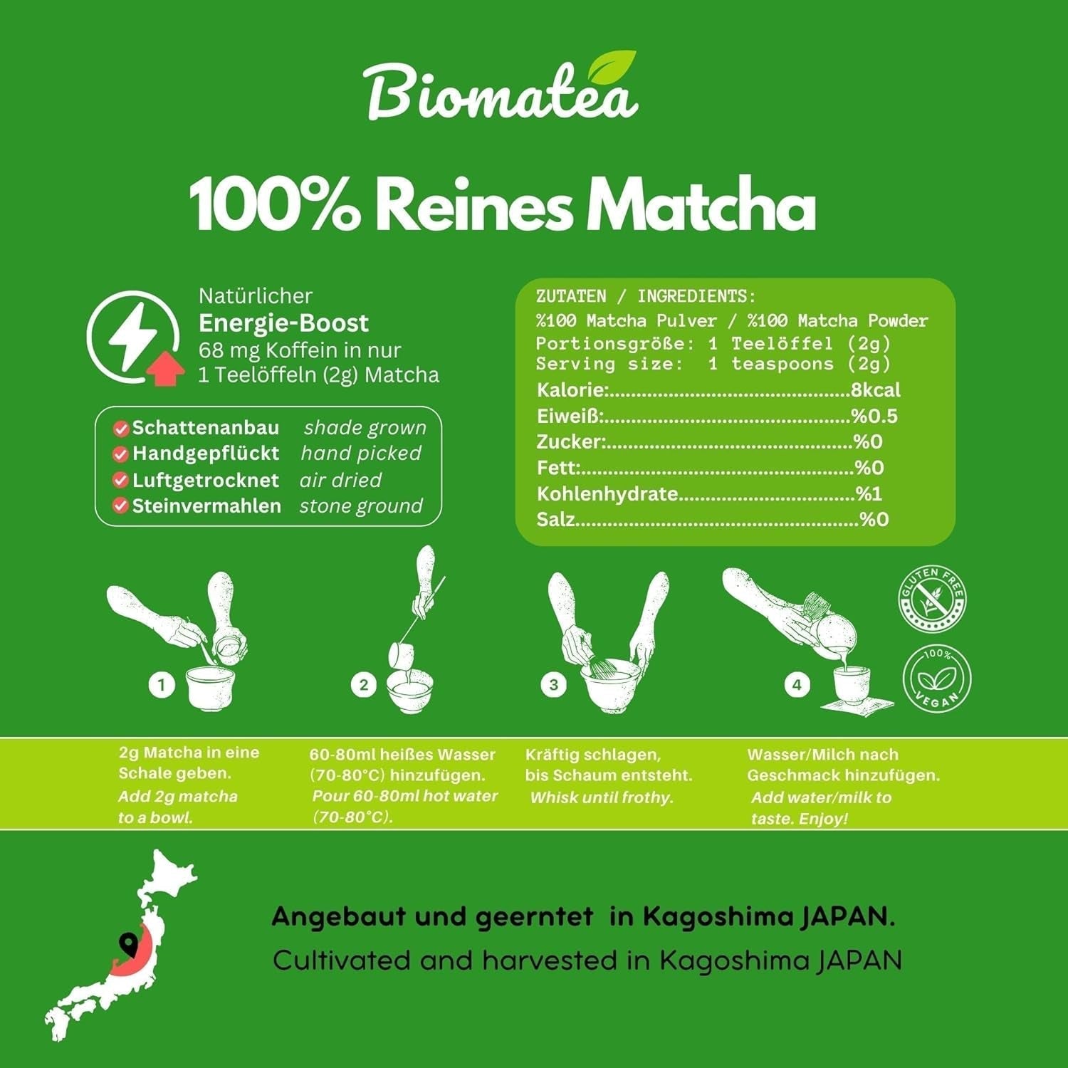 50G Matcha di grado cerimoniale dal Giappone - 100% naturale, privo di pesticidi e testato - Macinato a pietra - Polvere di tè giapponese Moegi Matcha Premium