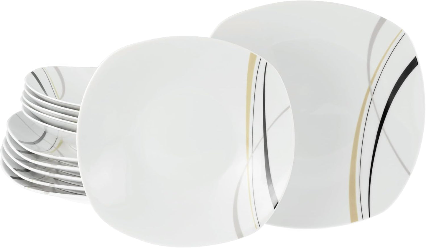 CreaTable 24029 Square City Line Series Set di stoviglie in porcellana per 6 persone, 12 pezzi, lavabile in lavastoviglie e adatto al microonde, produzione di qualità