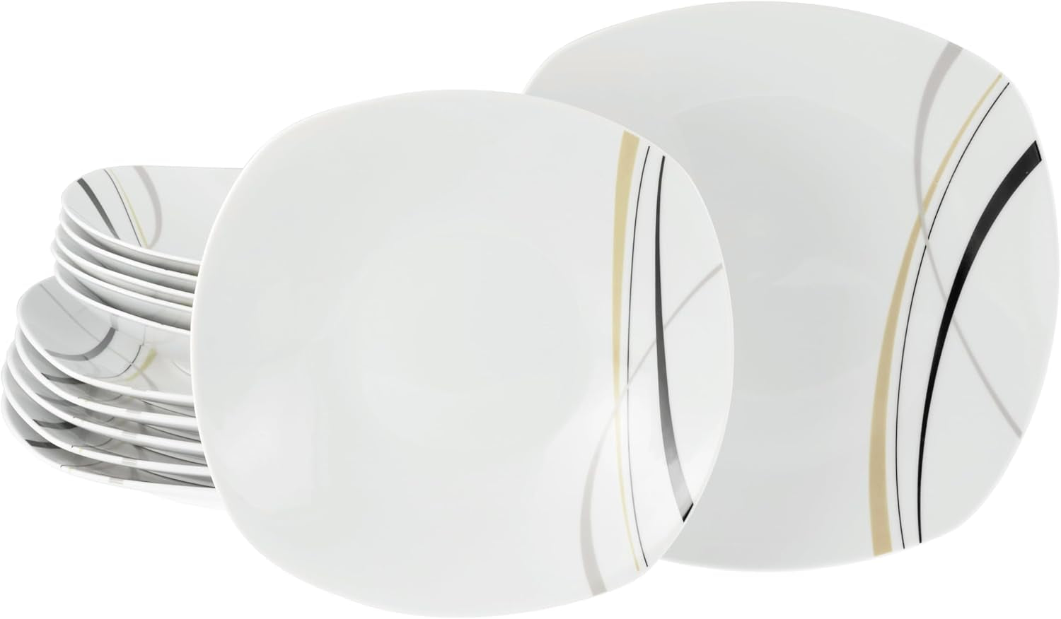 CreaTable 24029 Square City Line Series Set di stoviglie in porcellana per 6 persone, 12 pezzi, lavabile in lavastoviglie e adatto al microonde, produzione di qualità