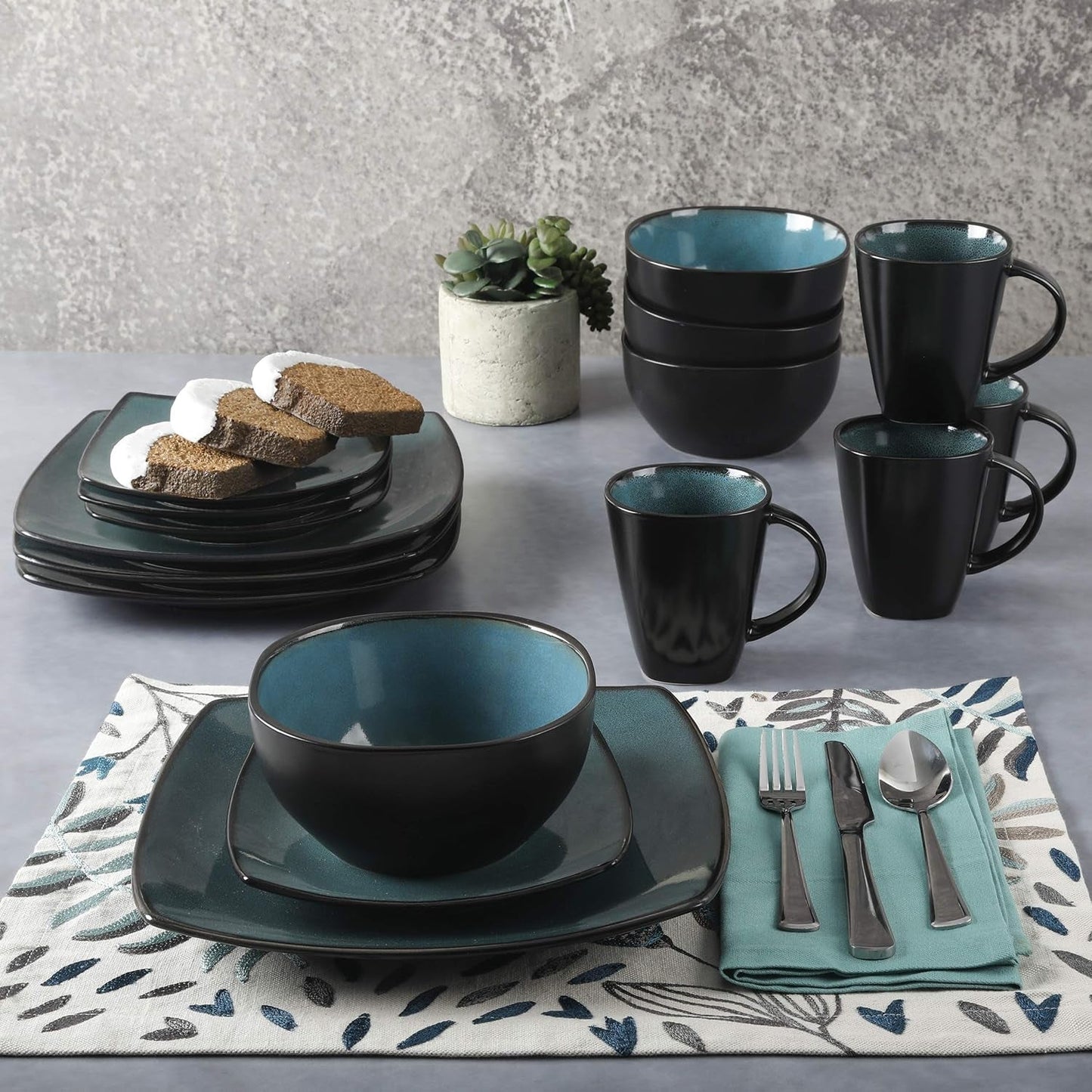Gibson 99813.16R Elite Soho Lounge Reactive Glaze Set di stoviglie per 4 persone, 16 pezzi, effetto bicolore blu-verde/nero