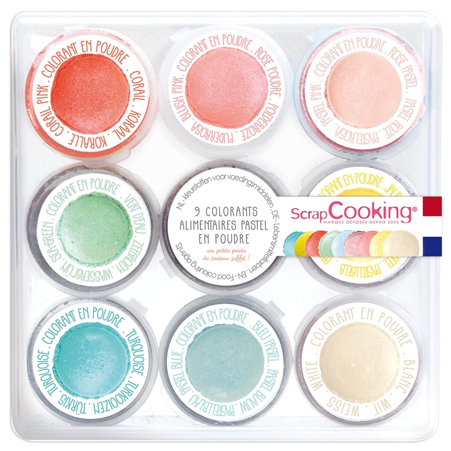 Scrapcooking - Set di 9 coloranti alimentari pastello - Blu, Giallo, Corallo, Rosa, Turchese, Verde lime, Bianco, Verde acqua, Rosa cipria - Polvere colorante commestibile per torte, muffin, macarons - 4272