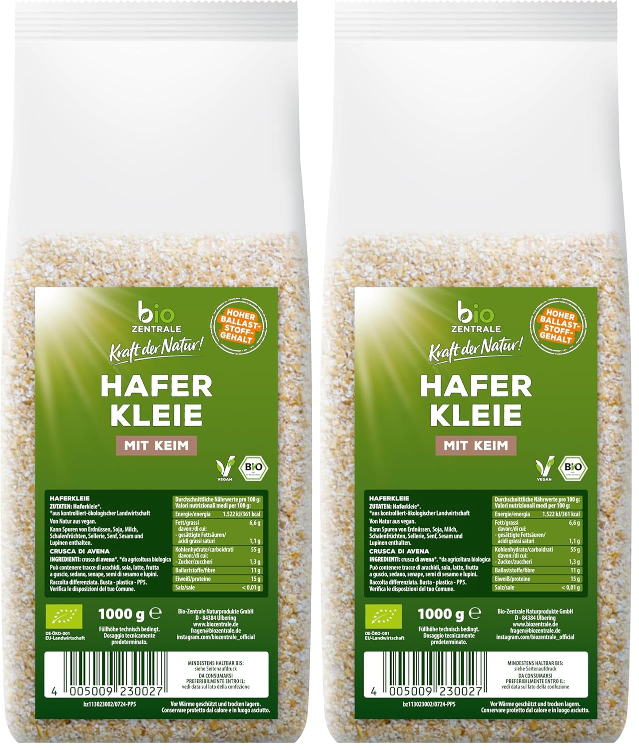 Crusca d'avena biologica Biocentral 1 kg | Pacchetto vantaggioso | Fonte proteica ad alto contenuto di fibre | Naturalmente vegano | Dall'agricoltura dell'UE | Basso contenuto di zucchero