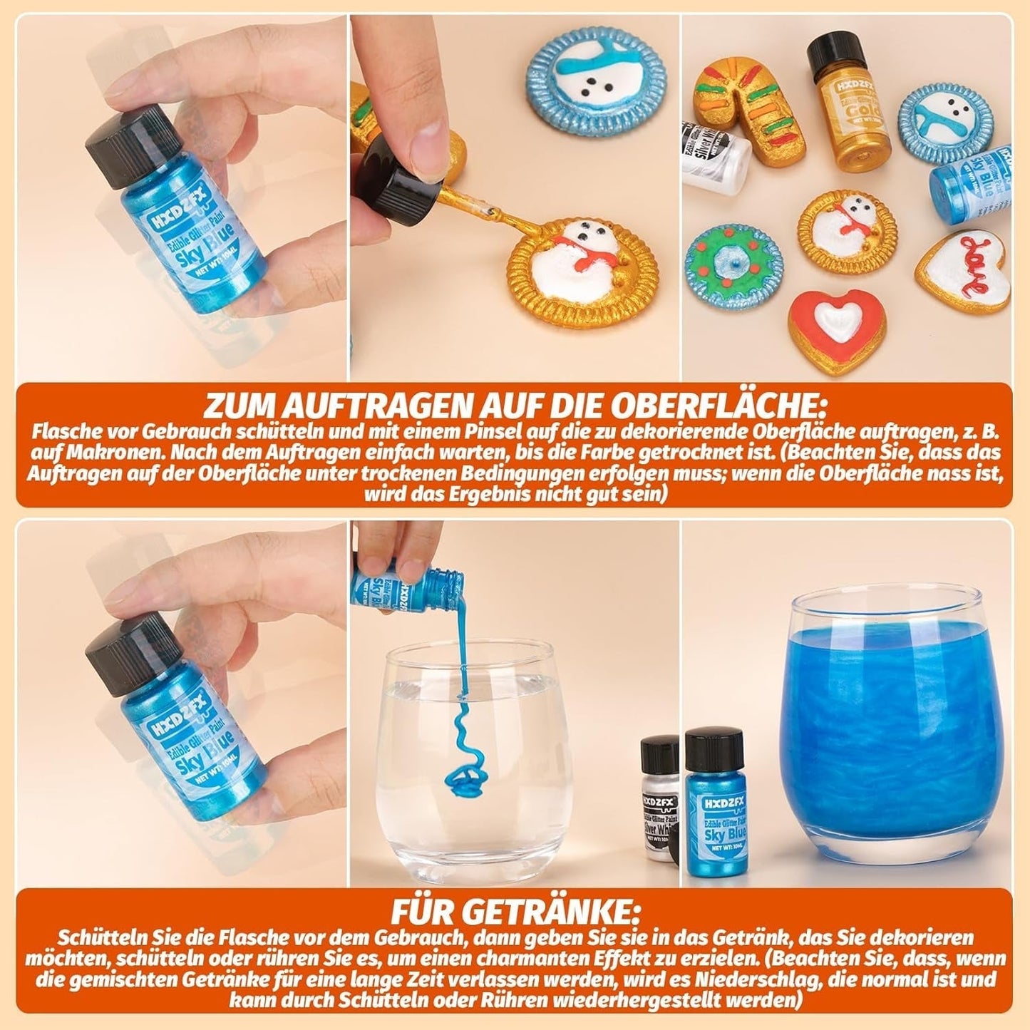 Essbarer Glitzer - 3 Torten Kuchen Deko Essbare, Metallic Lebensmittelfarbe Flüssiges, Glitter commestibili per muffin, cocktail, marshmallow - 10Ml Naty Shop