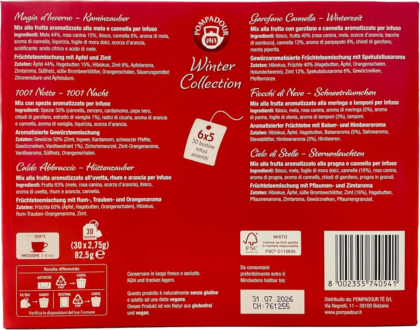 Pompadour Collezione Invernale 1913 Assortimento di Tisane alla Frutta e alle Erbe Decaffeinate - 1 x 30 Bustine di Tè (82,5 Grammi)