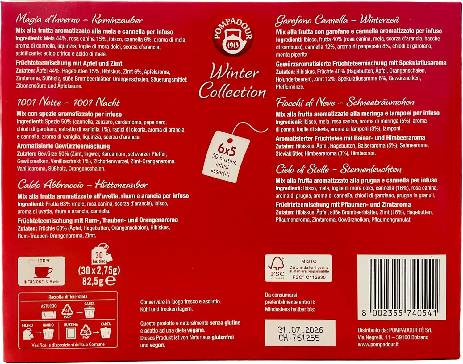 Pompadour Collezione Invernale 1913 Assortimento di Tisane alla Frutta e alle Erbe Decaffeinate - 1 x 30 Bustine di Tè (82,5 Grammi)