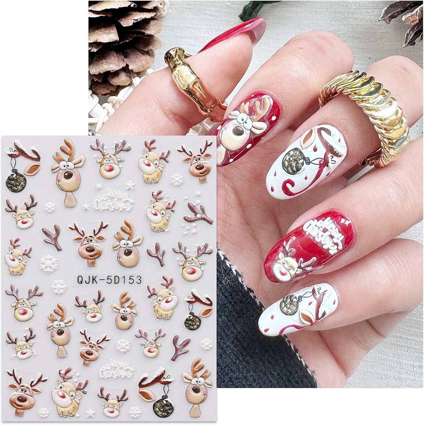 JMEOWIO 3D Nagelsticker Weihnachten Nail Art Sticker Selbstklebend Nagelaufkleber 5D Stereoscopic Schneeflocke Xmas Winterurlaub Niedlich Dekoration Nageldesign Zubehör 4 Blatt