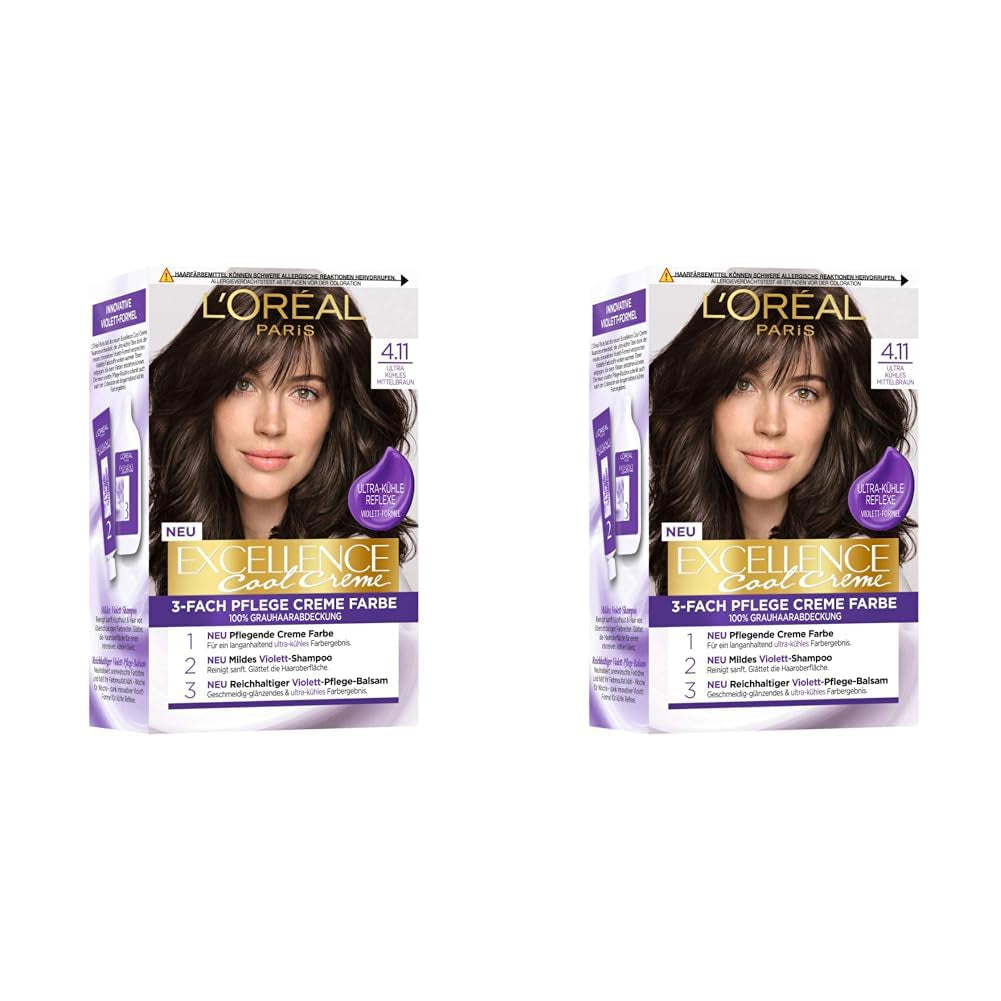 L'Oréal Paris Tintura permanente per capelli con risultato colore, copertura al 100% dei capelli grigi, set con colorazione, shampoo e crema curativa, Excellence Cool Creme, n. 4.11 Titolo predefinito Tintura per capelli Ultra Cool Medium Brown (Marrone) Naty Shop