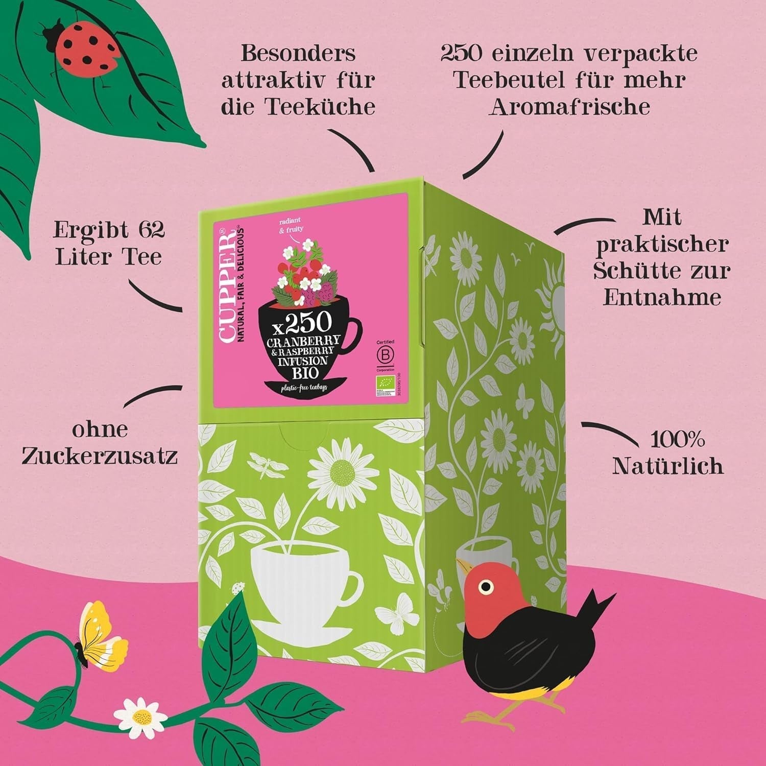 Cupper Tè alla frutta biologico Mirtillo rosso Lampone | Tè al lampone | 250 bustine di tè non sbiancate | Grande pacco | Perfetto per l'ufficio | Ecologico | Commercio equo e solidale