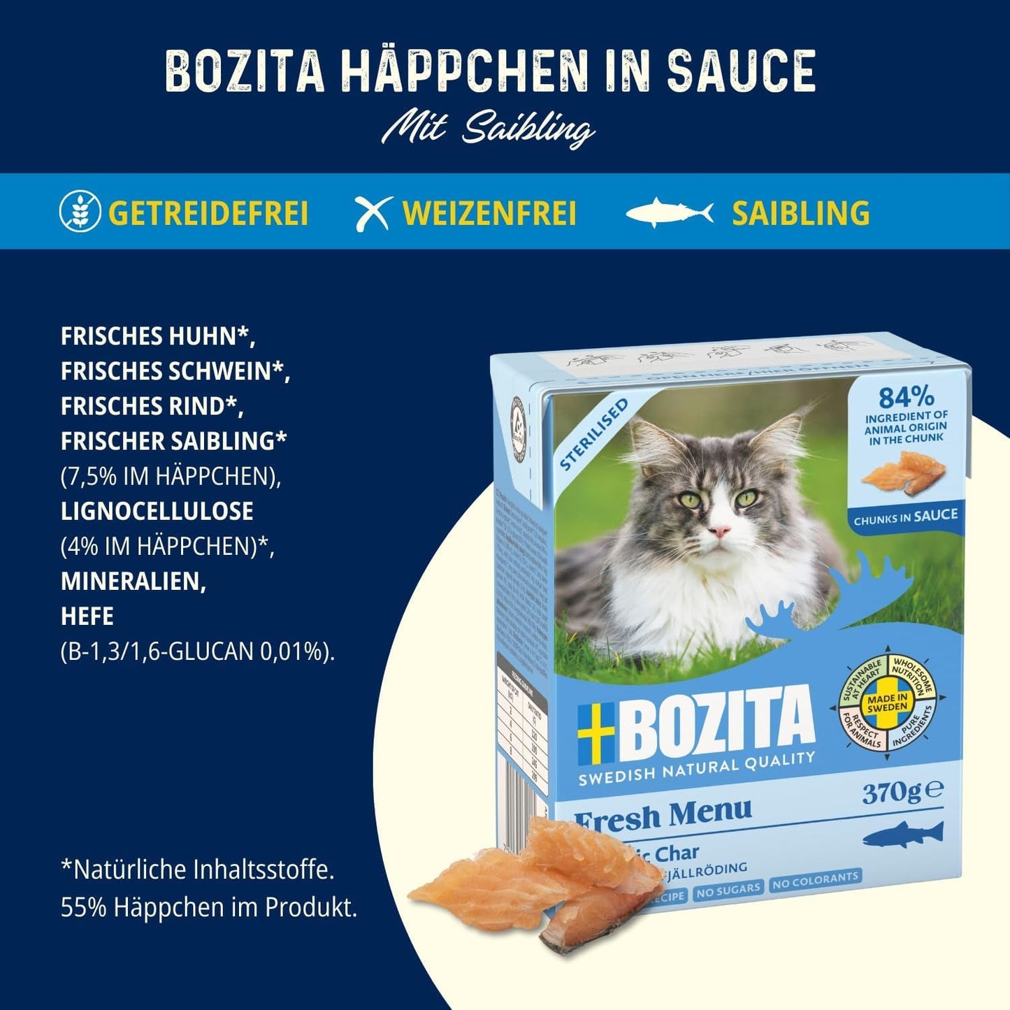 Bozita Tetra Pezzi sterilizzati in salsa al carbone - 6 x 370g Cibo umido per gatti senza cereali e senza zucchero - non OGM, con 8,5% di proteine ​​e 4,5% di grassi - di alta qualità ed estremamente gustoso
