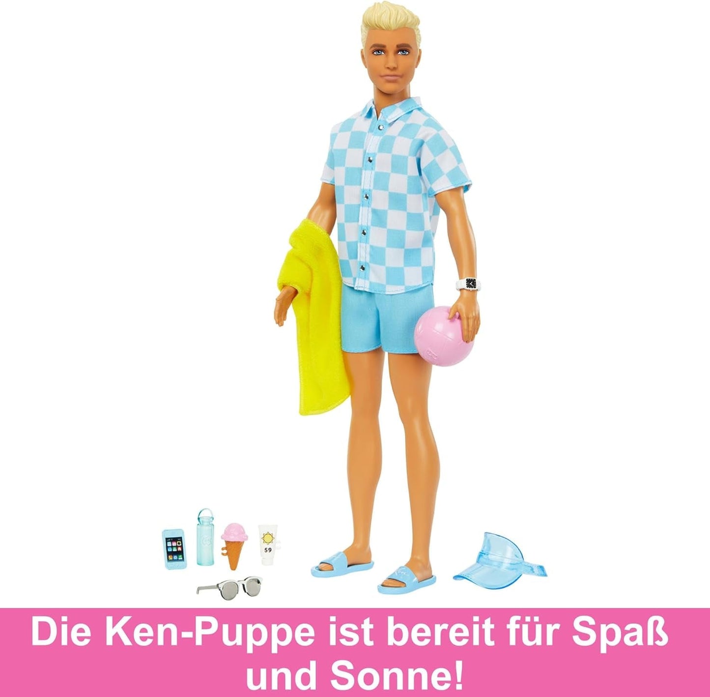 Barbie Ken - Bambola bionda con camicia blu e grembiule da bagno, accessori da spiaggia e pallone da spiaggia per gioco creativo, dai 3 anni in su, HPL74
