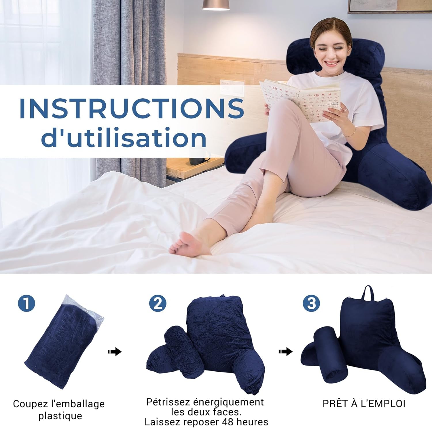 INFANZIA cuscino da lettura con braccioli, memory foam, supporto ergonomico per divano e letto, blu navy