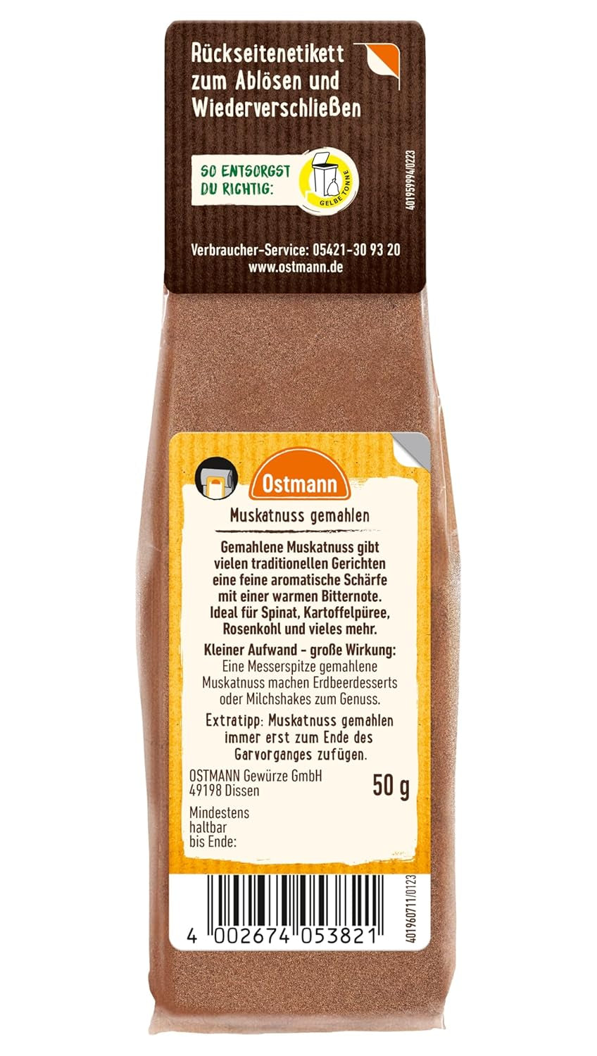 Ostmann Gewürze - Muskatnuss gemahlen | Ideale per insaporire piatti a base di patate Zum Nachfüllen der Streudose | 50 g resealable bag