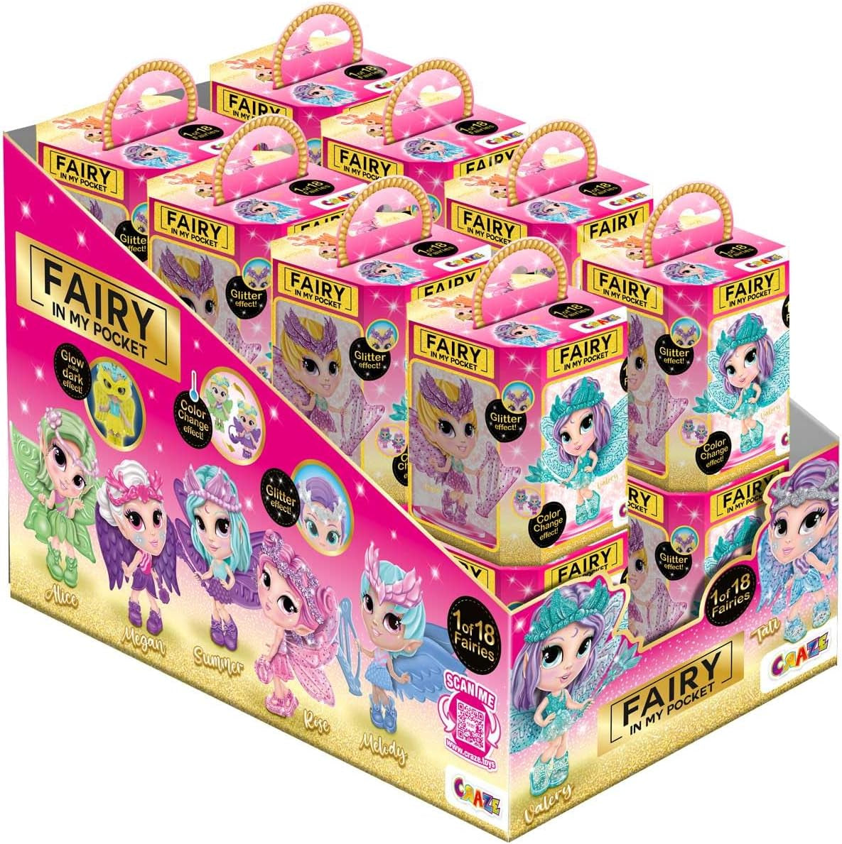 CRAZE Fata in tasca | Fata bambola con ali, fatina giocattolo da collezione con effetti speciali come glitter, bagliore al buio e cambio colore Naty Shop Dolls Fata in tasca Set da 16