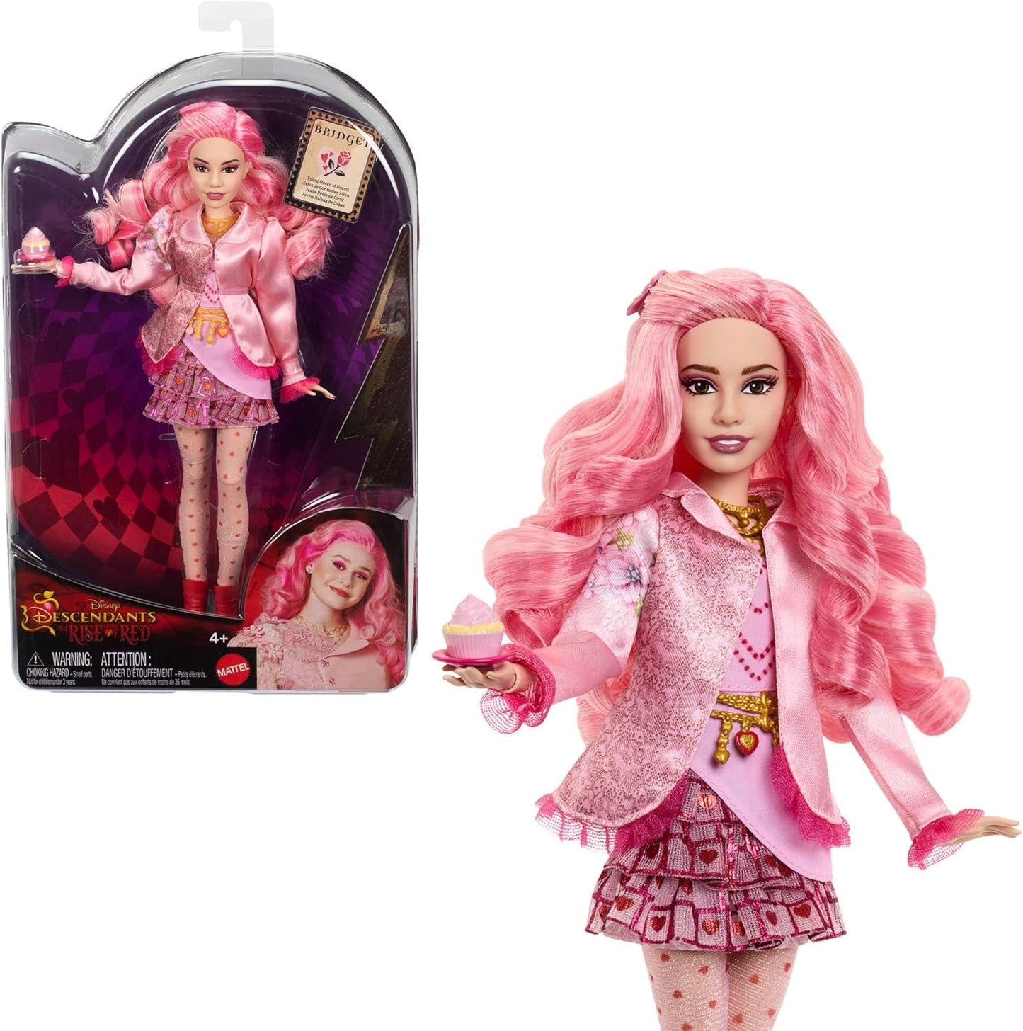 Mattel Disney Discendenti: The Rise of Red Modepuppe und Accessoires – Bridget, die junge Herzkönigin, mit vom Film inspirierter Kleidung und Cupcake, HWT91
