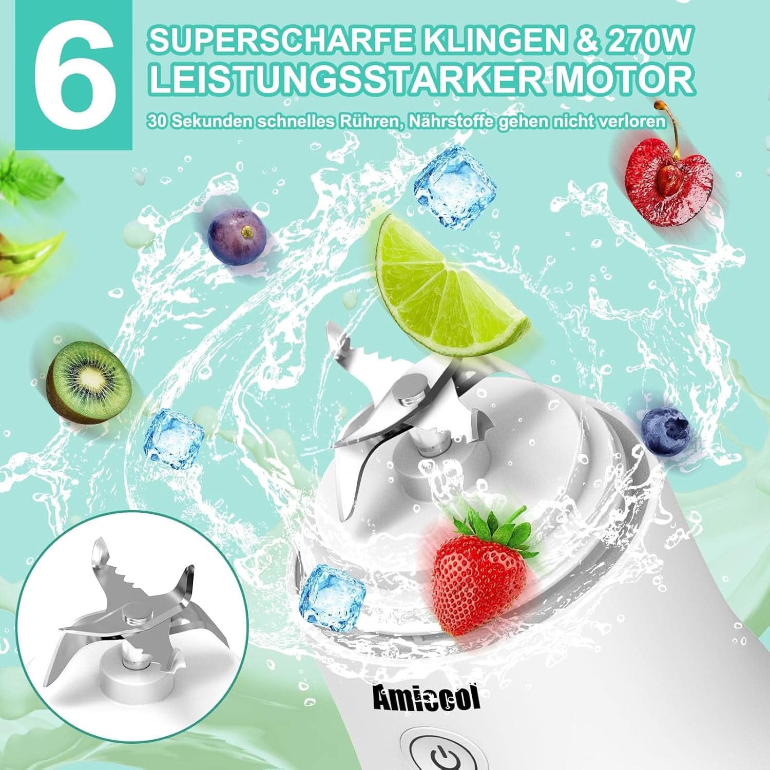 Mixer Smoothie Maker to Go, Mini Standmixer Tragbar Mit 6-Klingen Edelstahl, Enstafter Mit Reisedeckel, Frullatore portatile USB Elektrisch Bottiglia da 600 ml, Mixer Shaker Slushy Maker Wasserdichter Bucatarie Naty Shop