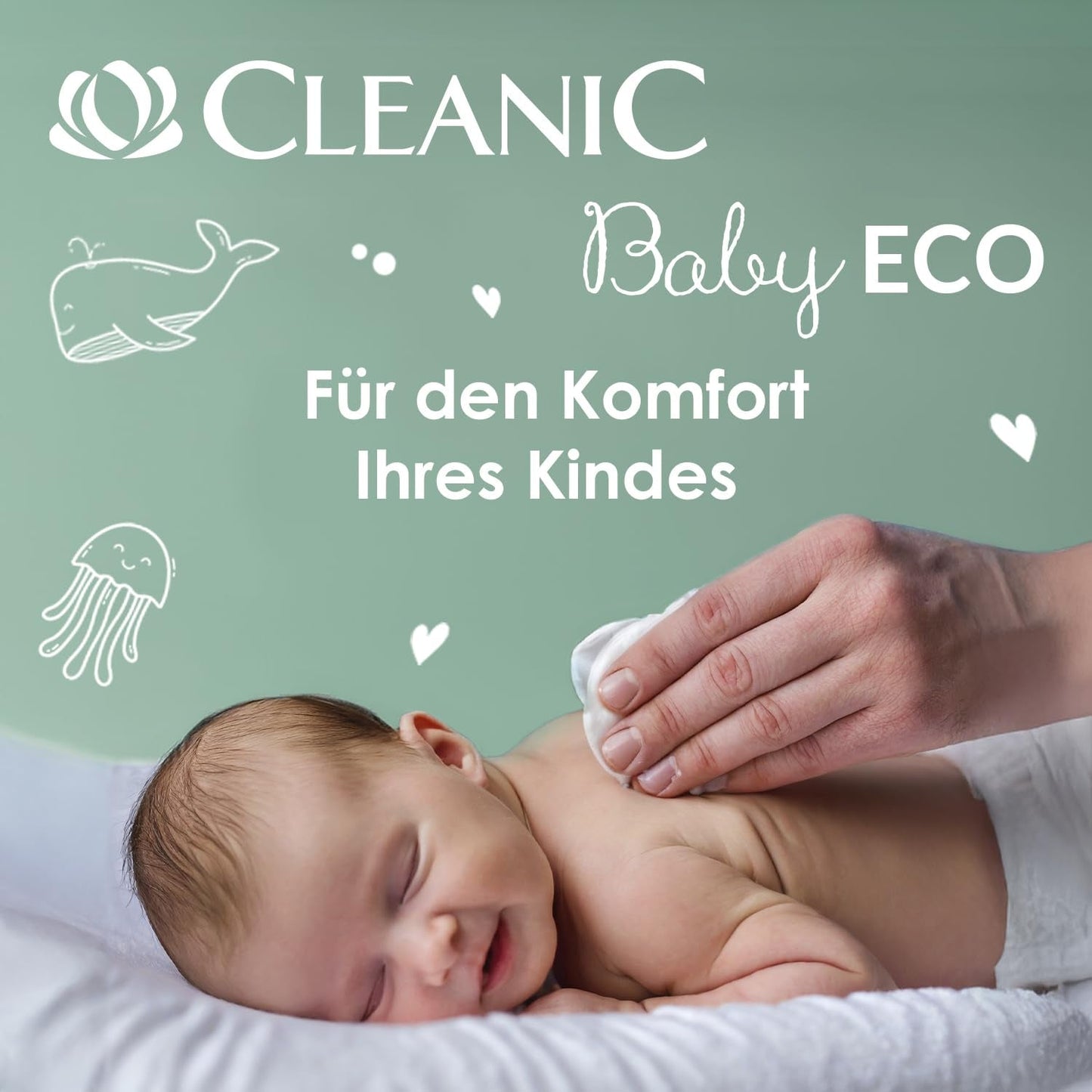 Salviettine umidificate Cleanic Baby Eco Pure Water – (1 x 50 pz.) Salviette umidificate per bambini e neonati – senza profumo, lavabili, pelle sensibile – 50 pz.