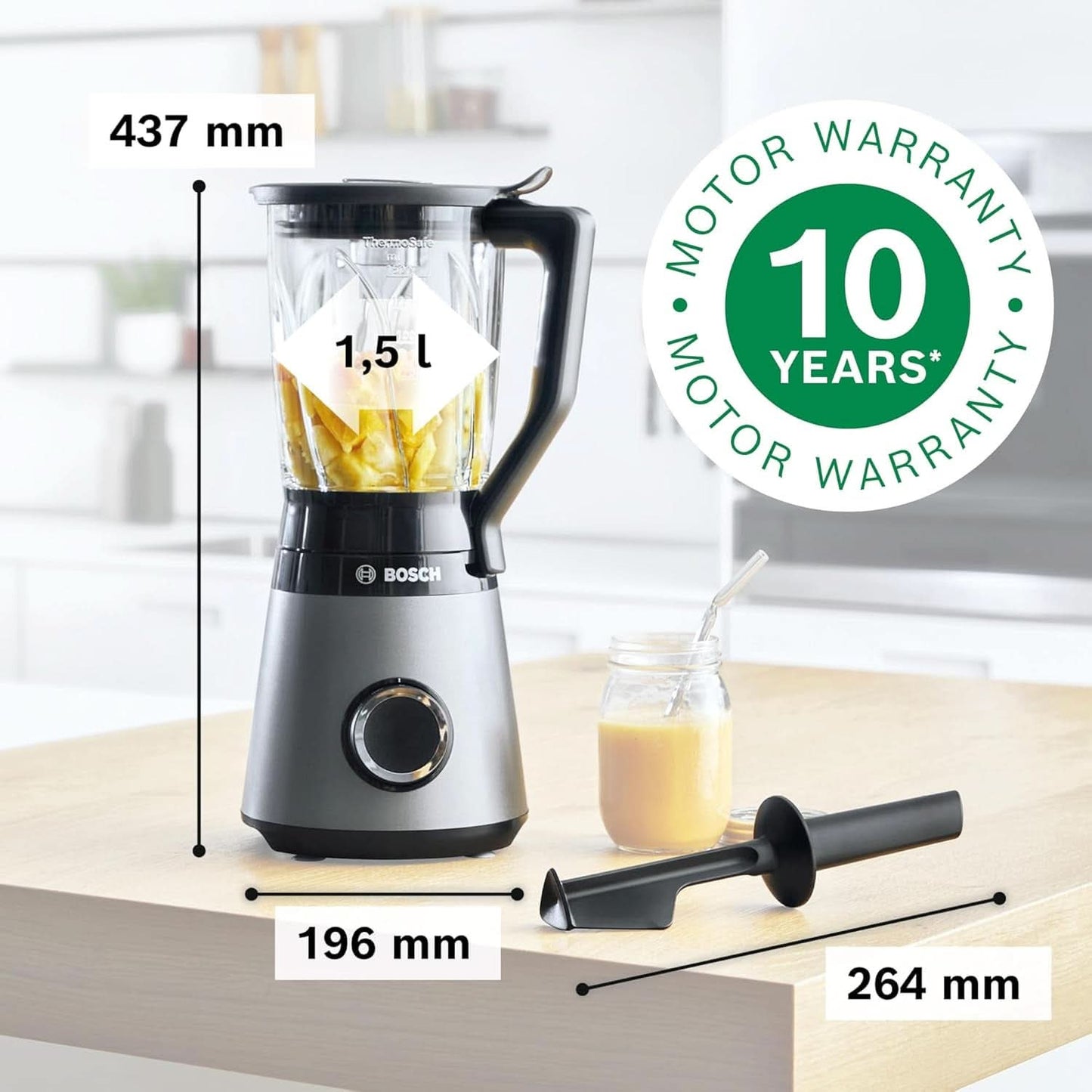Robot da cucina Bosch Vitapower Serie 4 MMB6172SN, Verbesserte Version, 10 Jahre Motorgarantie, Edelstahl-Klingen, 1.5L Glasbehälter, Spülmaschinenfeste Teile, 30.000 U/Min, 1200 W, Argento Kitchen Naty Shop