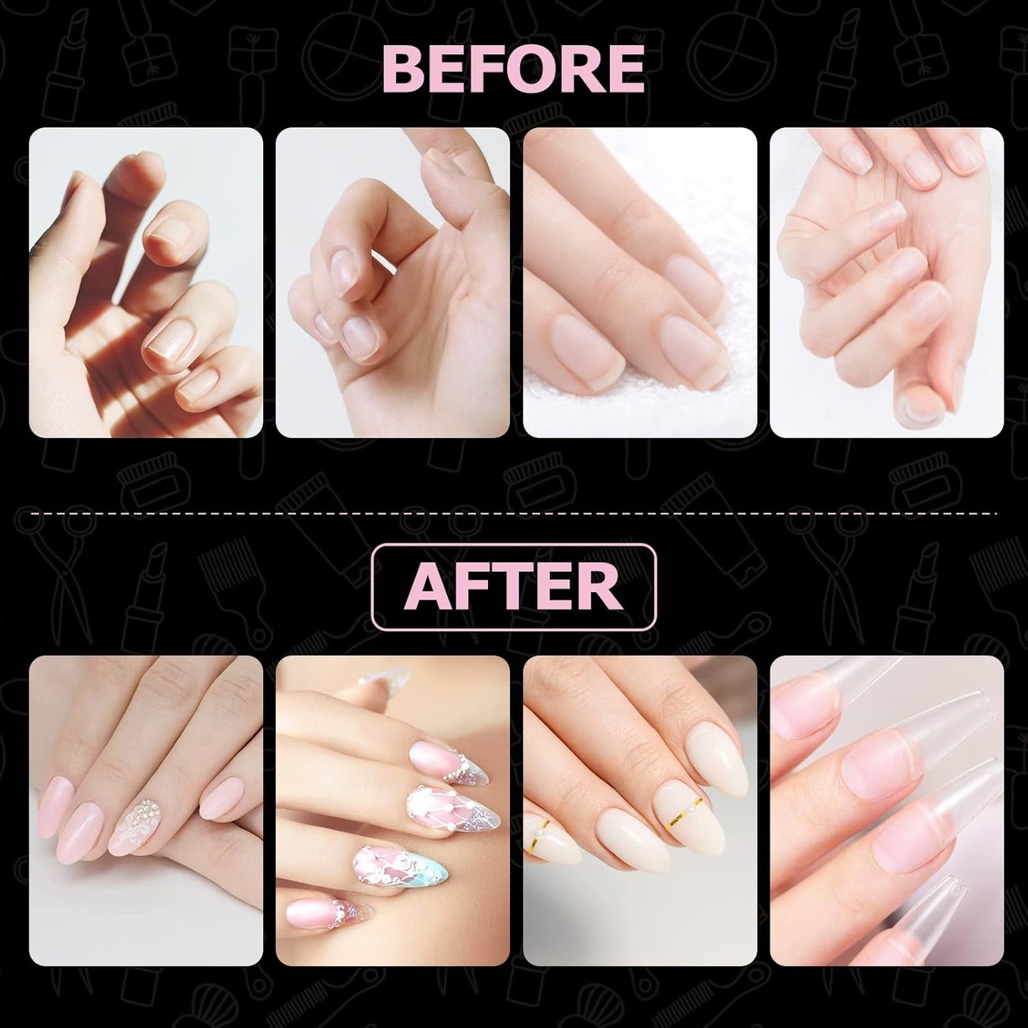 Tipi di unghie, 500 punte per unghie finte acriliche artificiali con scatola di immagazzinaggio per saloni di bellezza e nail art fai da te per la casa, 10 dimensioni